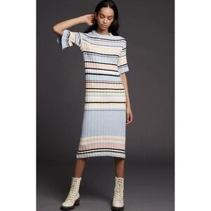 Maeve Anthropologie Roberta Midi Sweater Dress Womens XL Blue Striped Knit Flare